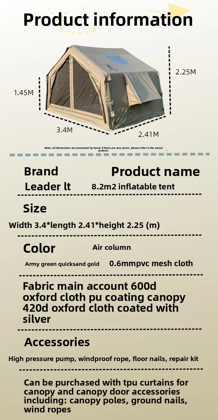 Inflatable Camping Air Tent Portable Outdoor Fabric Large High Quality House Tent 8 Point 2 Square Meters