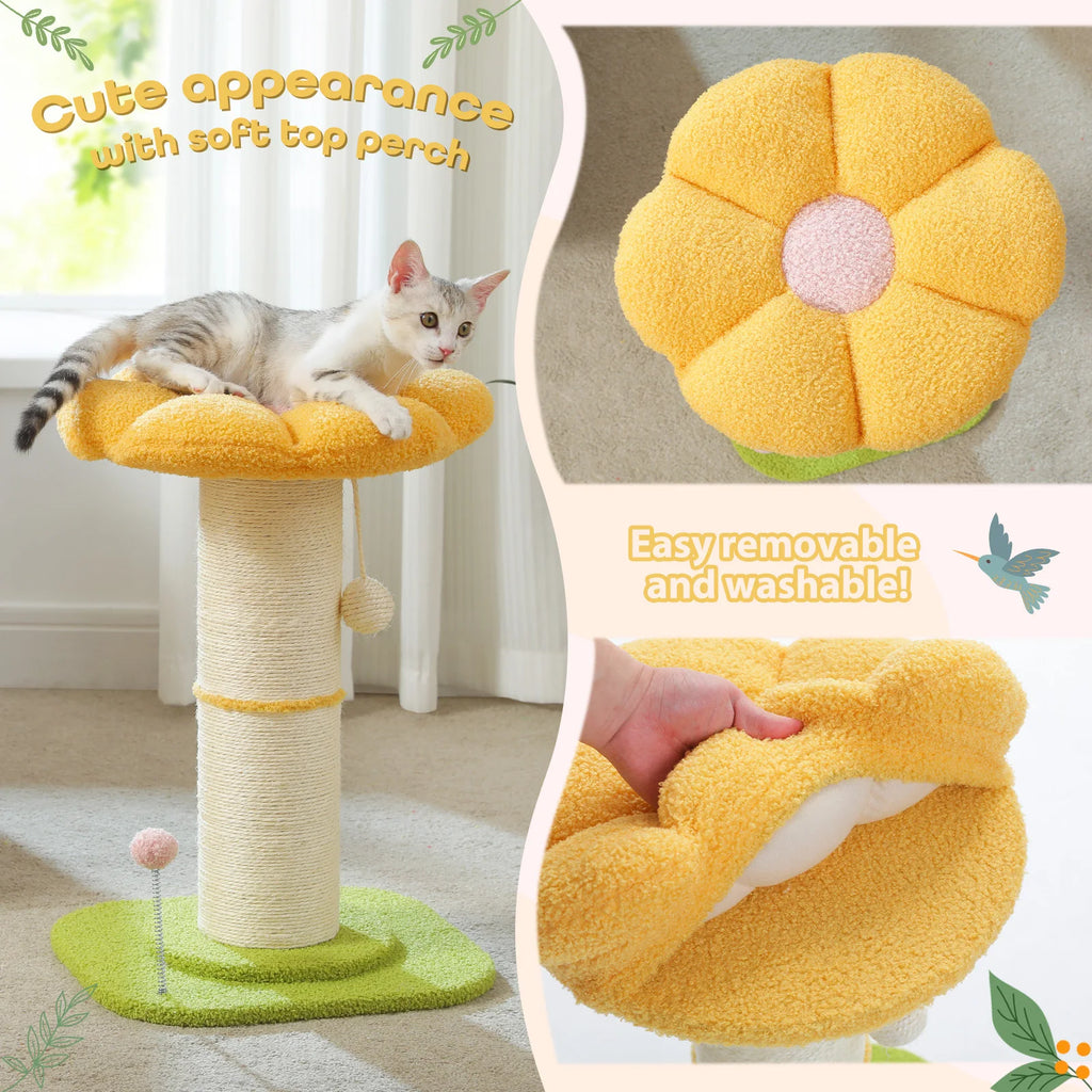 Flower Cat Scratching Post Small Cat Tree Tower Cat Scratcher for Indoor Cats with Super Thick Scratching Post Removable Cat Bed - trendingshoping.com