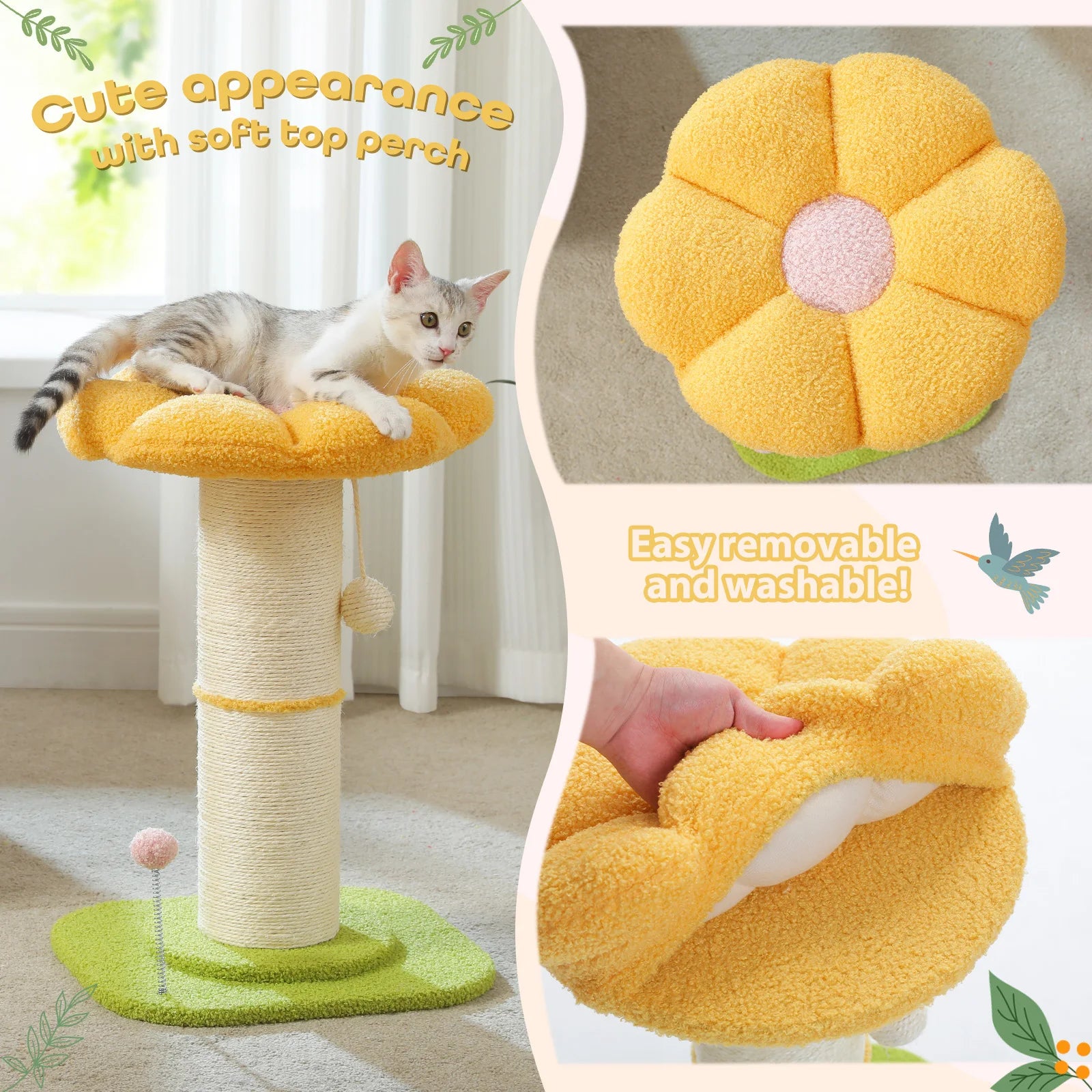 Flower Cat Scratching Post Small Cat Tree Tower Cat Scratcher for Indoor Cats with Super Thick Scratching Post Removable Cat Bed - trendingshoping.com