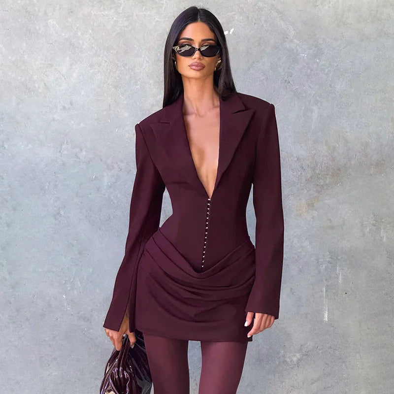 Blifanbo Elegant Deep V Neck Ruched Mini Autumn Long Sleeve Slim High Waist Fashion Patchwork Club Party Dress Female Clothes