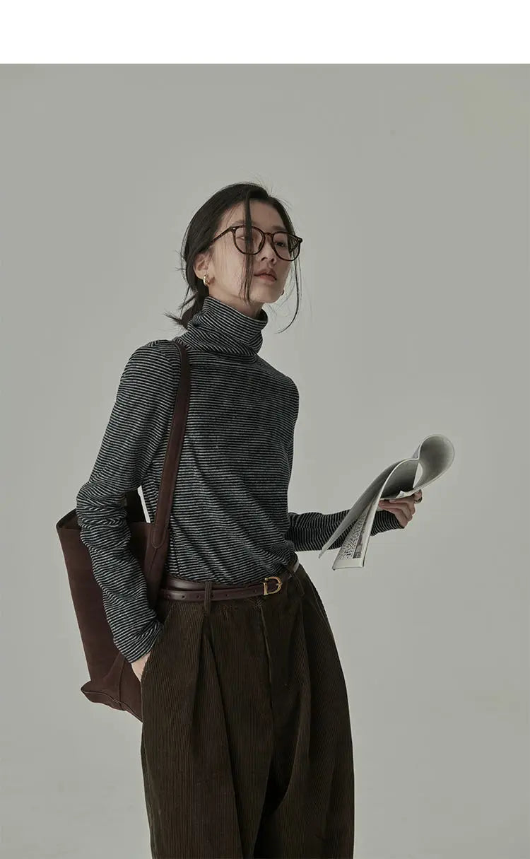 Striped T-shirts Women Spring Cozy Long Sleeved All-match Daily Elegant Classic Turtleneck Tops Hot Sales Korean Style Clothing