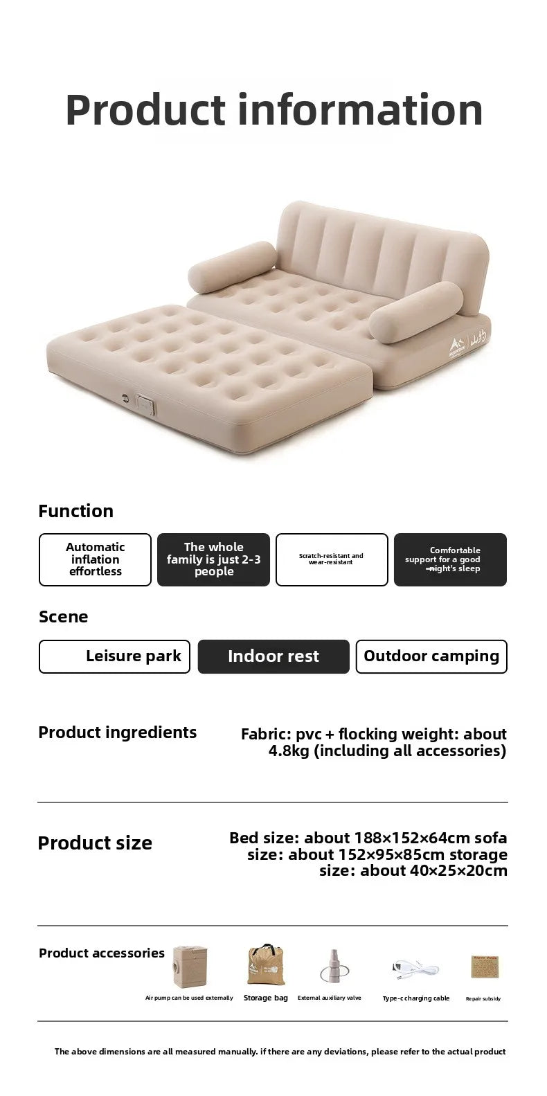 Outdoor Camping Inflatable Sofa Portable Folding Air Mattress For Hiking Tent Home Use