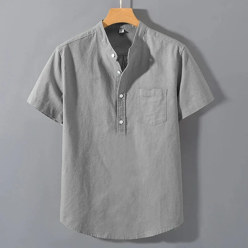 Men’s Short Sleeve Stand Collar T-Shirt Solid Color Loose Fit Summer Cotton Top