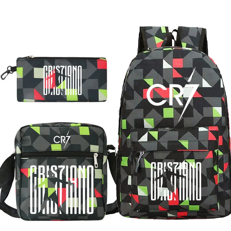 cr7 3-Piece Sport Athletic Backpack Set - Lightweight School Bag with Laptop Sleeve & Matching Pouches - Teens Travel Mochila