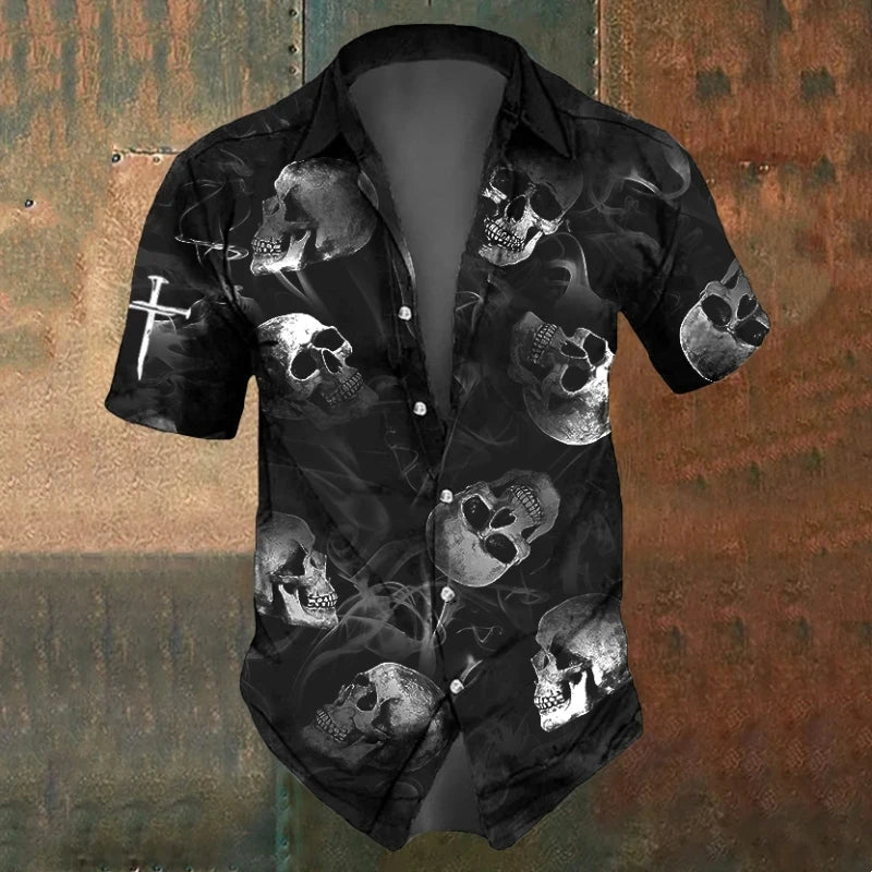 Men's Oversized Skull Shirt Short Sleeve Vintage Lapel Collar - Black & White