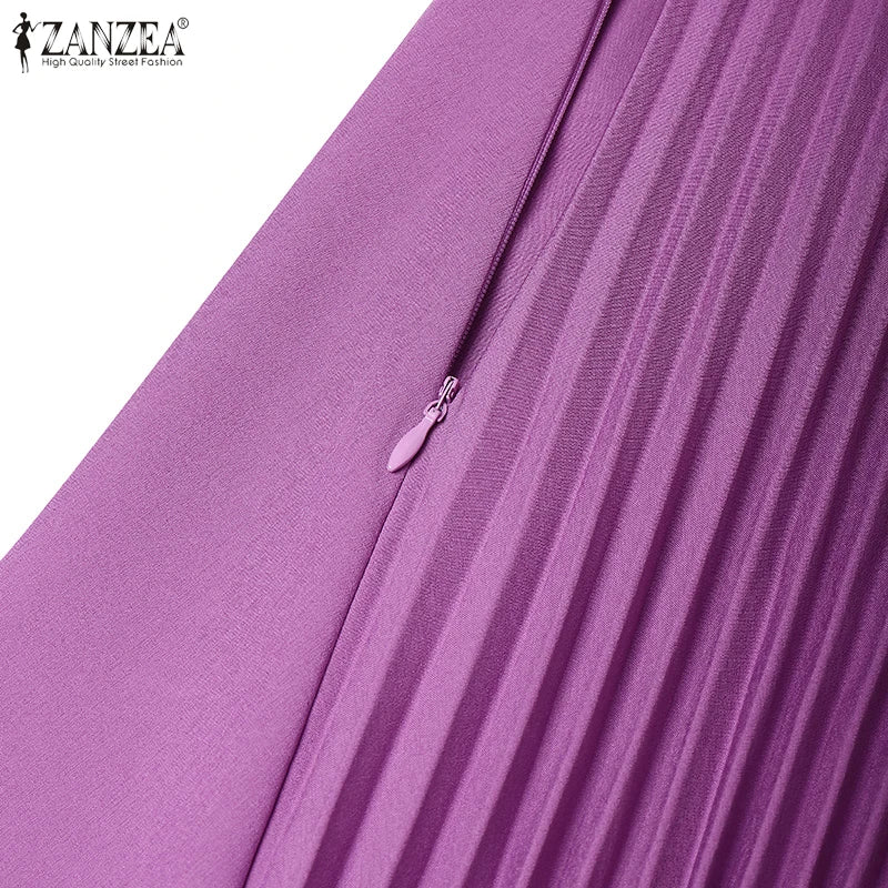 Elegant V Neck Office Work Dresses ZANZEA Women 2025 Summer Dress Solid Pleated Sundress Short Sleeve A Line Party Vestidos Robe