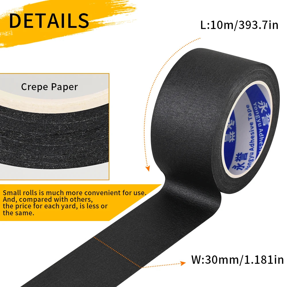 Black Crepe Masking Tape | Single-Sided Adhesive for Art, Car & Craft Projects (10/20/50m)