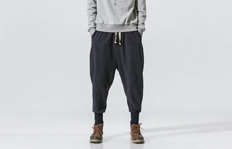 Men’s Cotton Linen Harem Pants - Baggy Drop-Crotch Streetwear Joggers