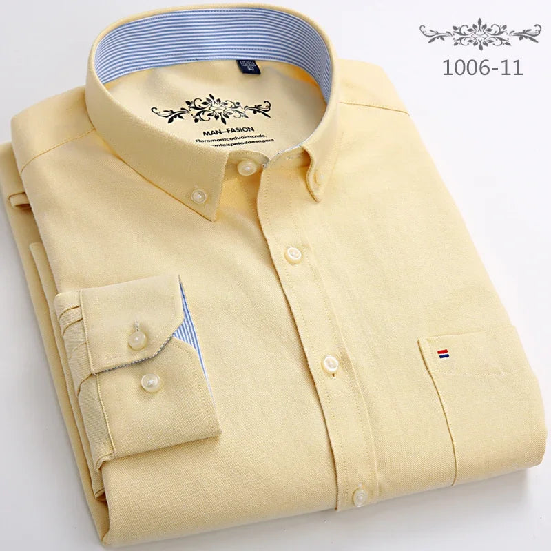Men's Slim Fit Long Sleeve Shirt – Formal Plain Cotton Shirt with Single Pocket, Soft Plaid Office & Designer Tops"