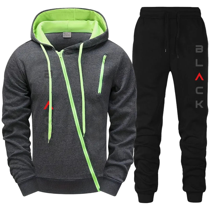 Men’s Tracksuit Set 2025 Black – Zipper Hoodie Jacket, Letter Print Jogger Sweatpants, Autumn Winter Casual Wear