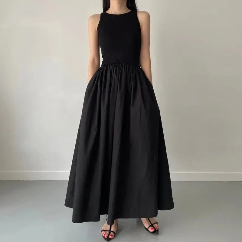 Women Black Long Dress Sleeveless Round Neck Elegant Style