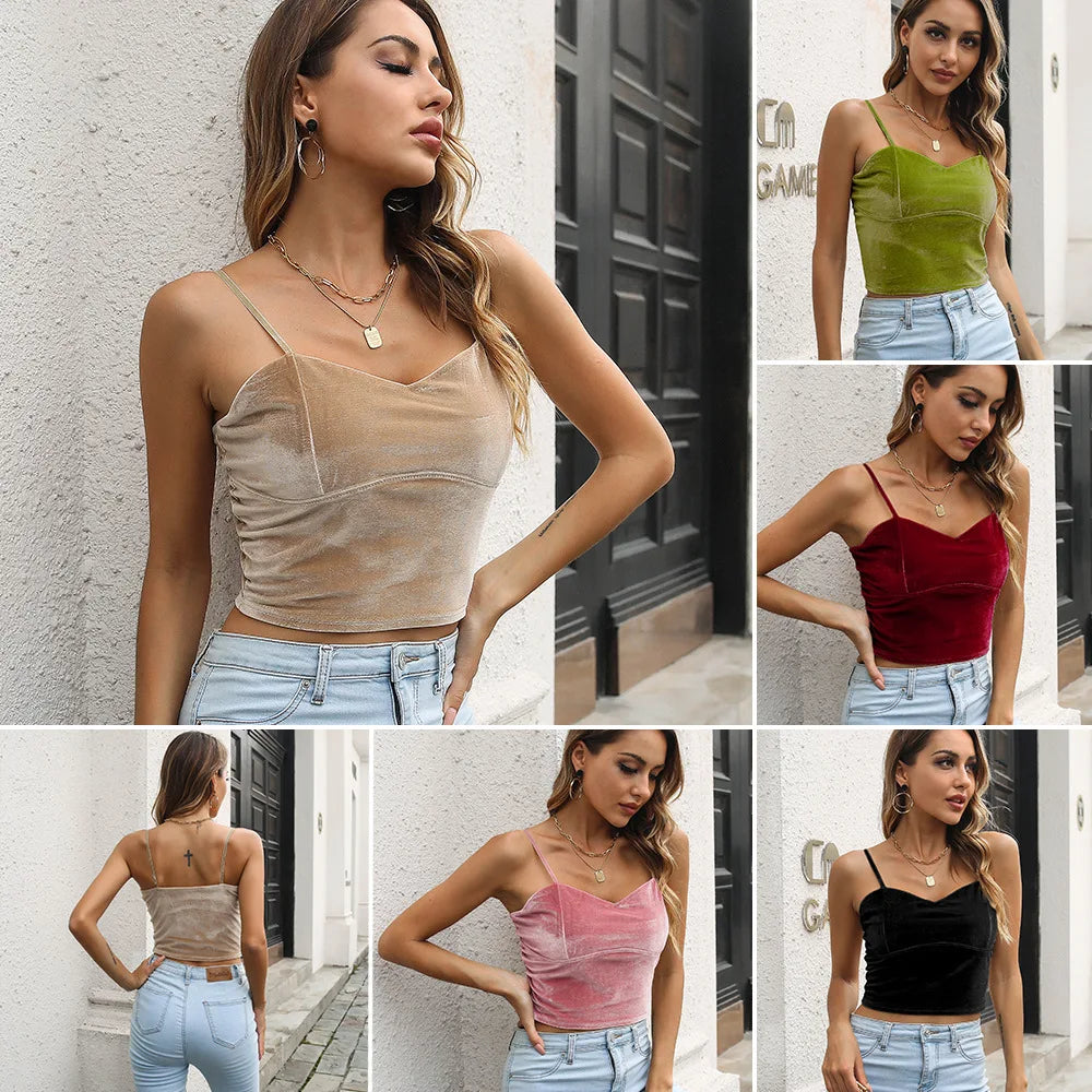 Women Velvet Halter Crop Top V Neck Sleeveless Backless Camisole