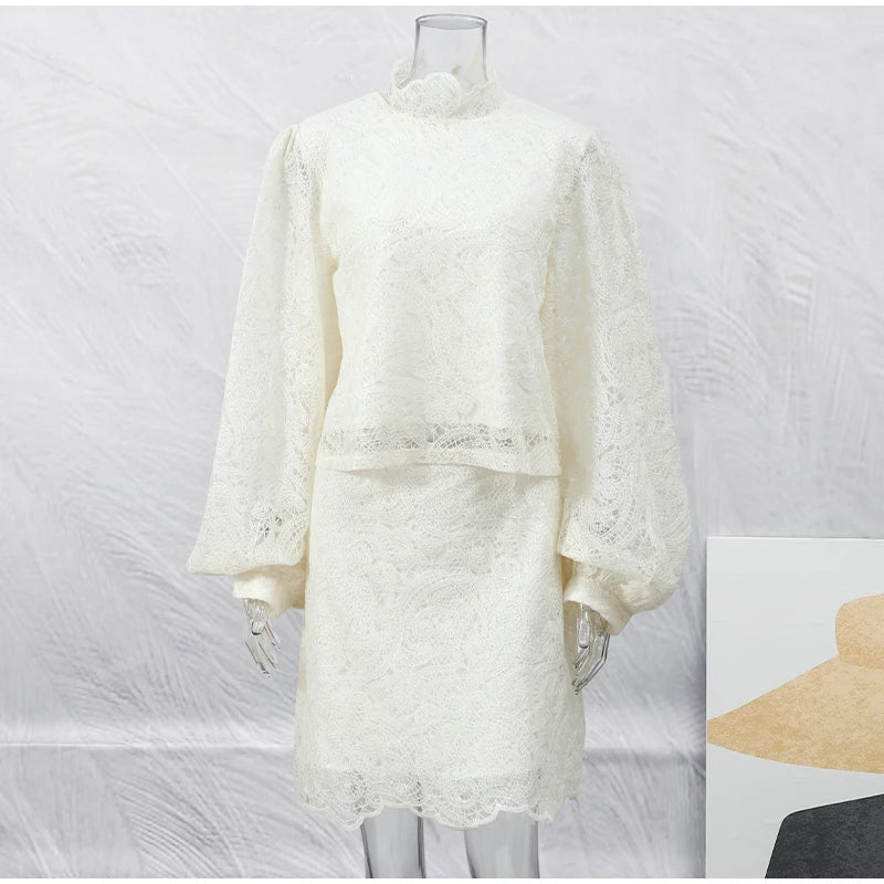 Women’s White Lace Flare Sleeve Top & Mini Skirt Set