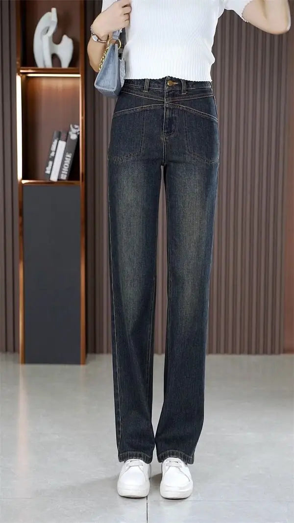 Women's Narrow Straight Leg Jeans  Fall Winter New Plush Lined Thick Korean Retro Relaxed Casual Trousers High Waist Flattering