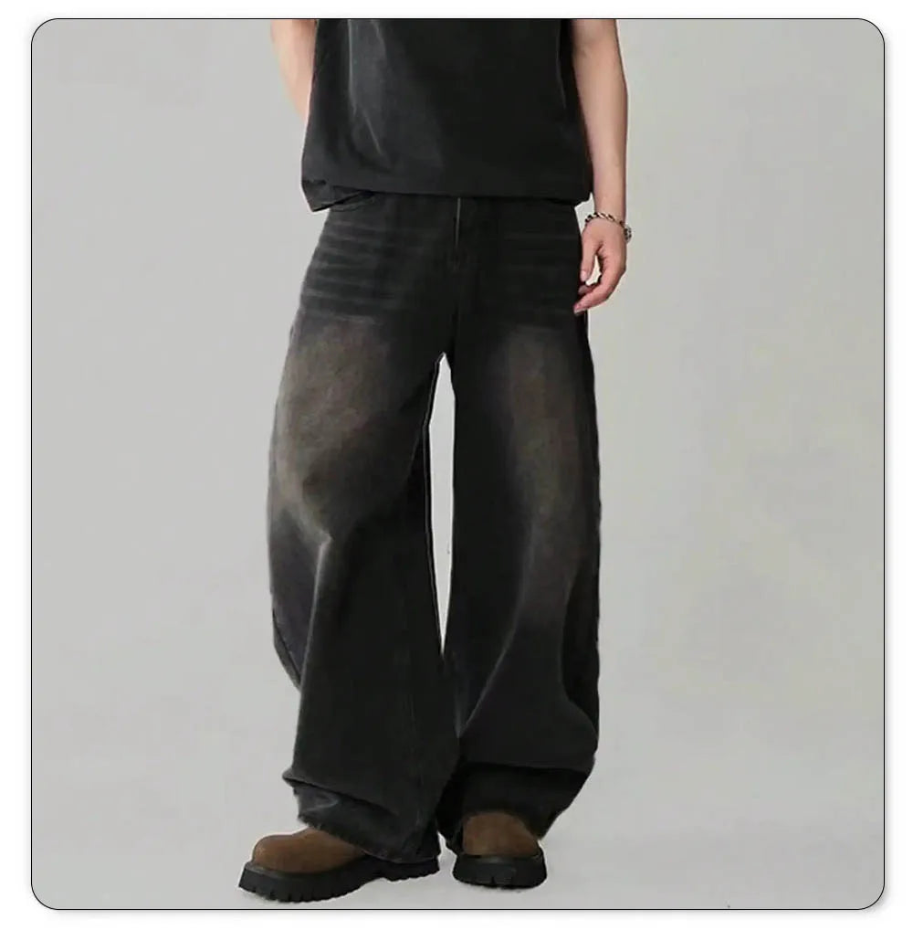 Mens Straight Loose Wide Leg Baggy Jeans Black Gray Blue Casual Pants
