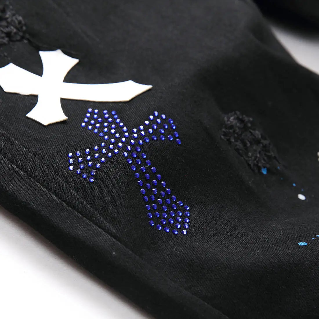 Mens Black Distressed Patch Jeans Elastic Slim Fit Pants