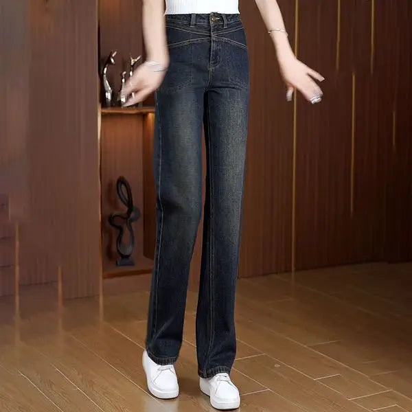 Women's Narrow Straight Leg Jeans  Fall Winter New Plush Lined Thick Korean Retro Relaxed Casual Trousers High Waist Flattering