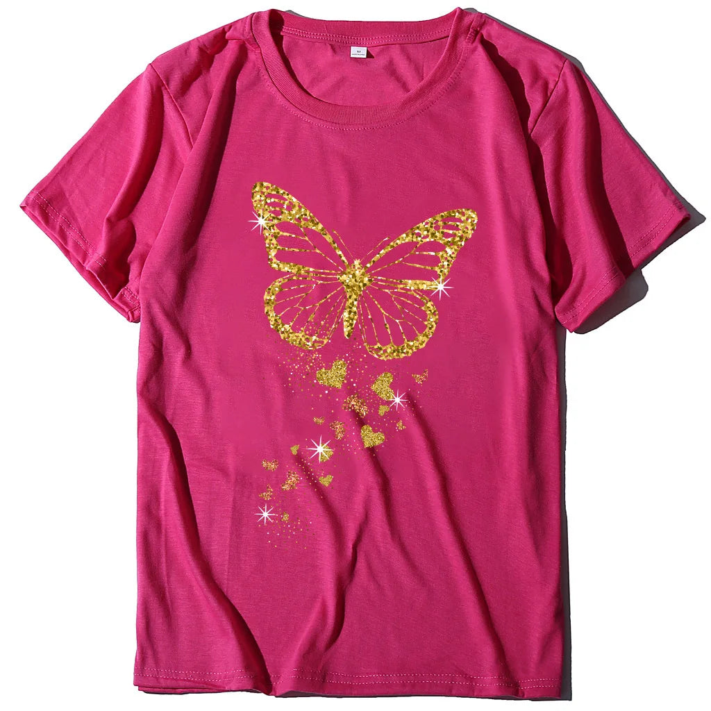 Golden Butterfly Print Women’s Casual T Shirt Short Sleeve O Neck Top