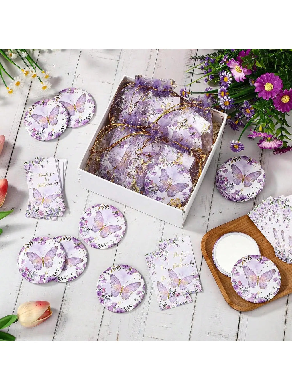 36pcs Butterfly-Themed Party Favor Set, Includes 12 Compact Mirrors, 12 Thank You Cards, 12 Organza Bags, No Electricity Needed,
