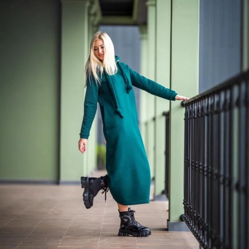 Women Fashion  New Loose Large Knitted Hooded Autumn Winter Long Dress Velvet Hoodie Dress Casual Dress Splicing Warm Dress