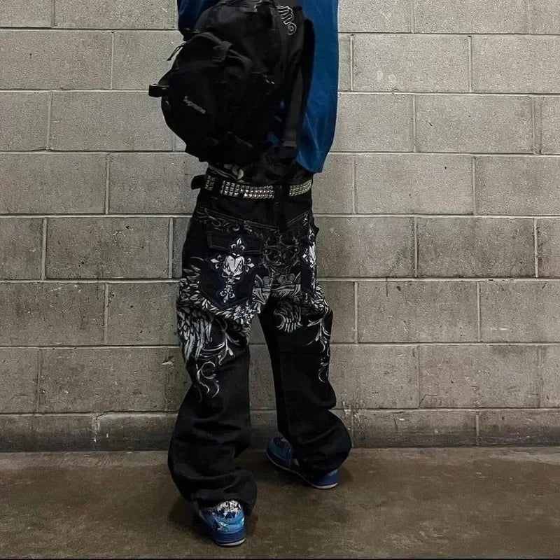 Mens Embroidered Hip Hop Wide Leg Y2K Mid Waist Gothic Retro Fashion Trousers