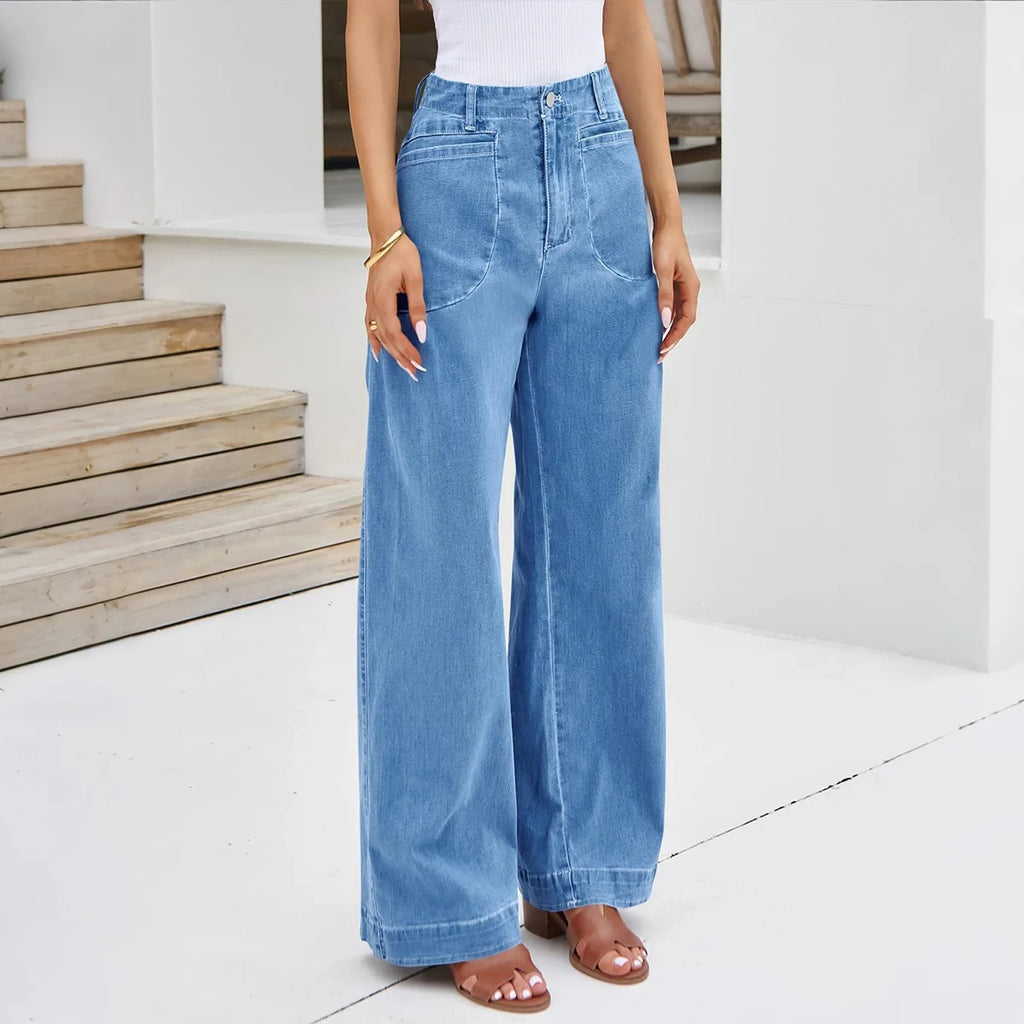Womens High Waist Spring Wide Leg Straight Jeans Retro Style