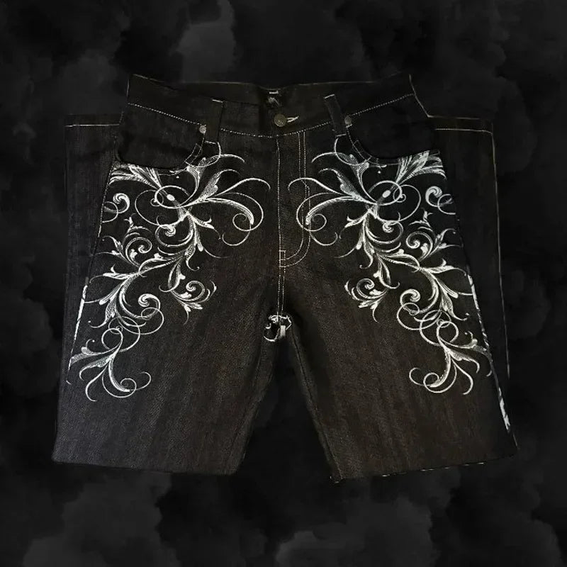 Mens Embroidered Hip Hop Wide Leg Y2K Mid Waist Gothic Retro Fashion Trousers