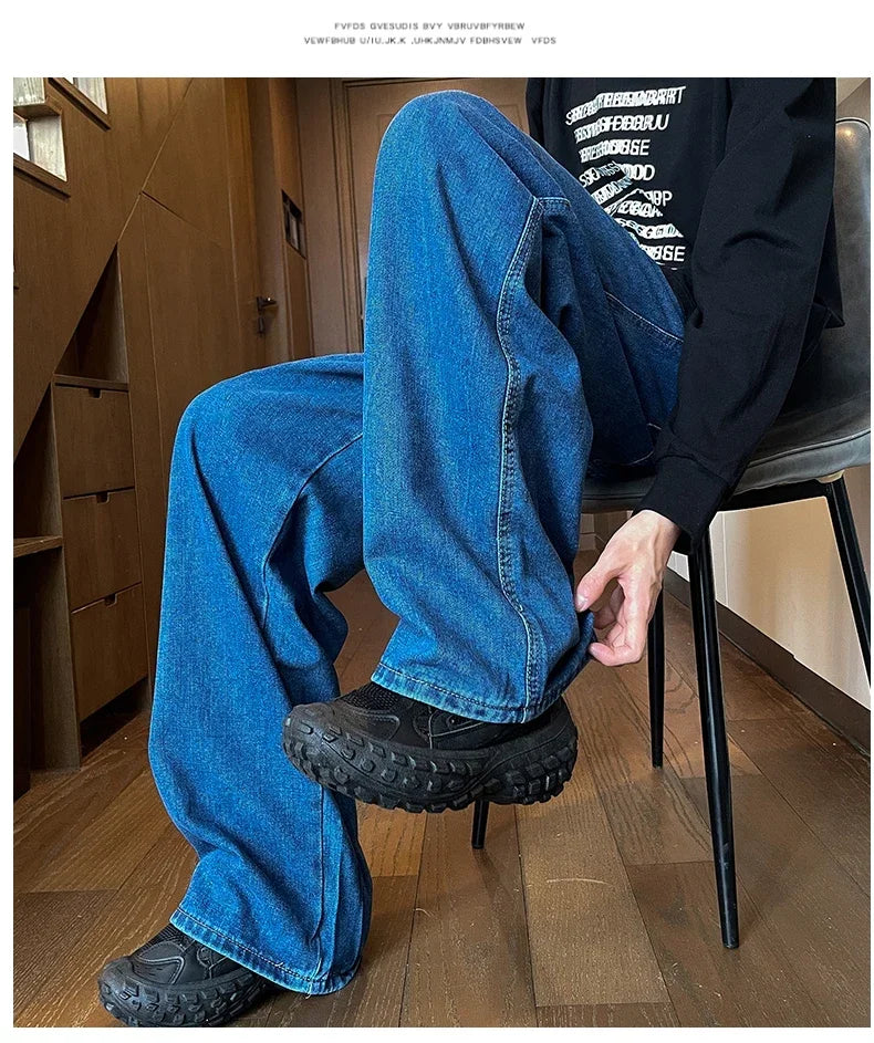 Mens Black Gray Loose Straight Wide Leg Jeans Casual Pantslue
