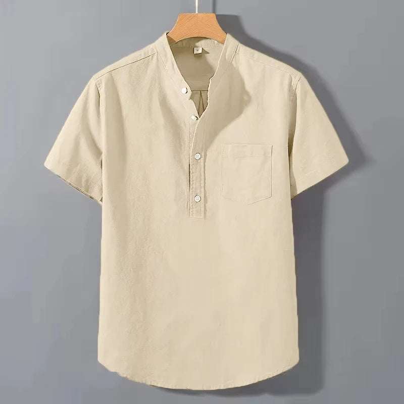 Men’s Short Sleeve Stand Collar T-Shirt Solid Color Loose Fit Summer Cotton Top
