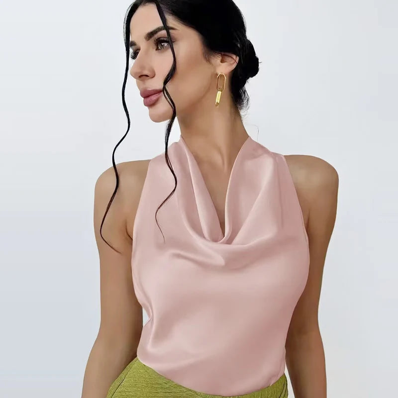 HXAO 2025 Women Satin Halter Top Summer Black Yellow Tanks & Camis Off Shoulder Crop Tank Top Fashion Sleeveless Backless Vests