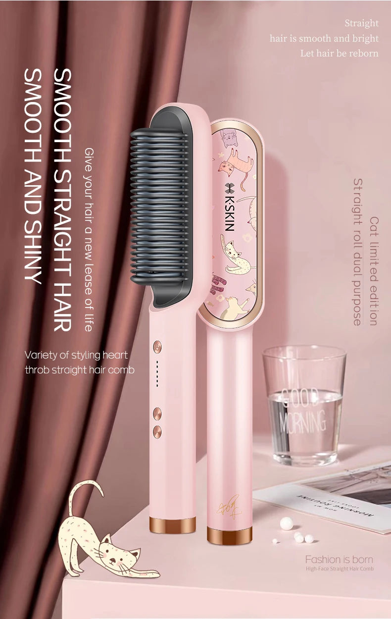 KSKIN 2-in-1 Hair Straightener Brush - Ionic Ceramic Hair Flat Iron Comb,Pink
