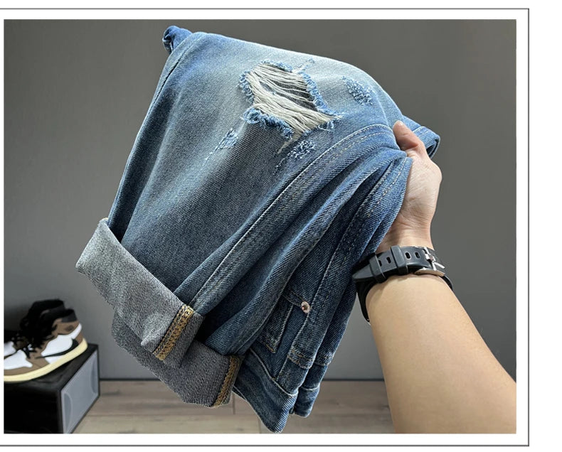 Ripped Jeans Men New Personality Fashion Vintage Blue Streetwear Baggy Denim Pants Casual Tapered Hole Frayed Trousers Male