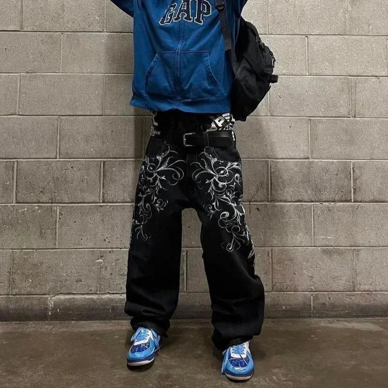 Mens Embroidered Hip Hop Wide Leg Y2K Mid Waist Gothic Retro Fashion Trousers