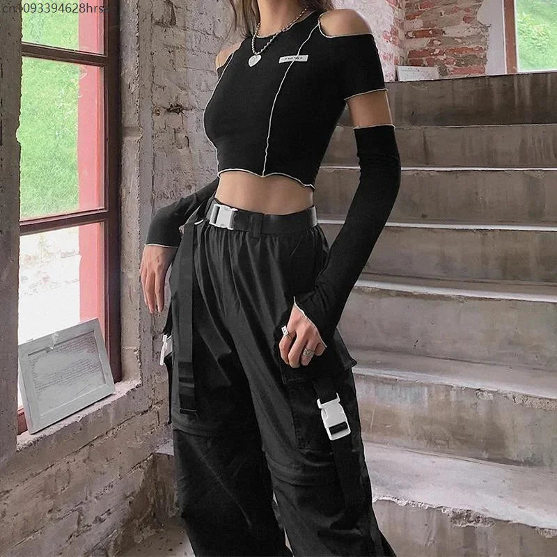 Patchwork Black T-shirts Gothic One Shoulder Sleeve Y2k Crop Tops Ruffles Hem Hip Hop Techwear Women Tees 2025