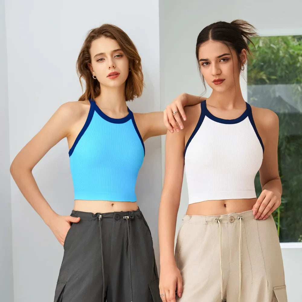 High Neck Sports Tank Top Comfortable Breathable Fitness Top with Chest Cushion Soft Fixed Cup Gym Wear for Women