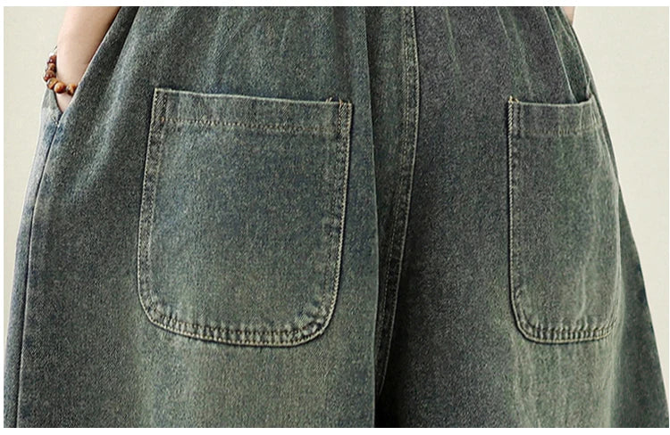 Jeans Women 2025 Autumn New Jeans Retro Heavy Industry Embroidery Ethnic Style Elastic Waist Casual Oversized Wide Leg Pants - trendingshoping.com