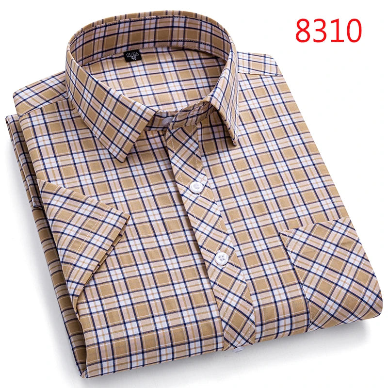 Men's Casual Cotton Plaid Shirt – Short Sleeve Summer Shirt, Elegant Business & Smart Dress Shirt, England Fashion Top