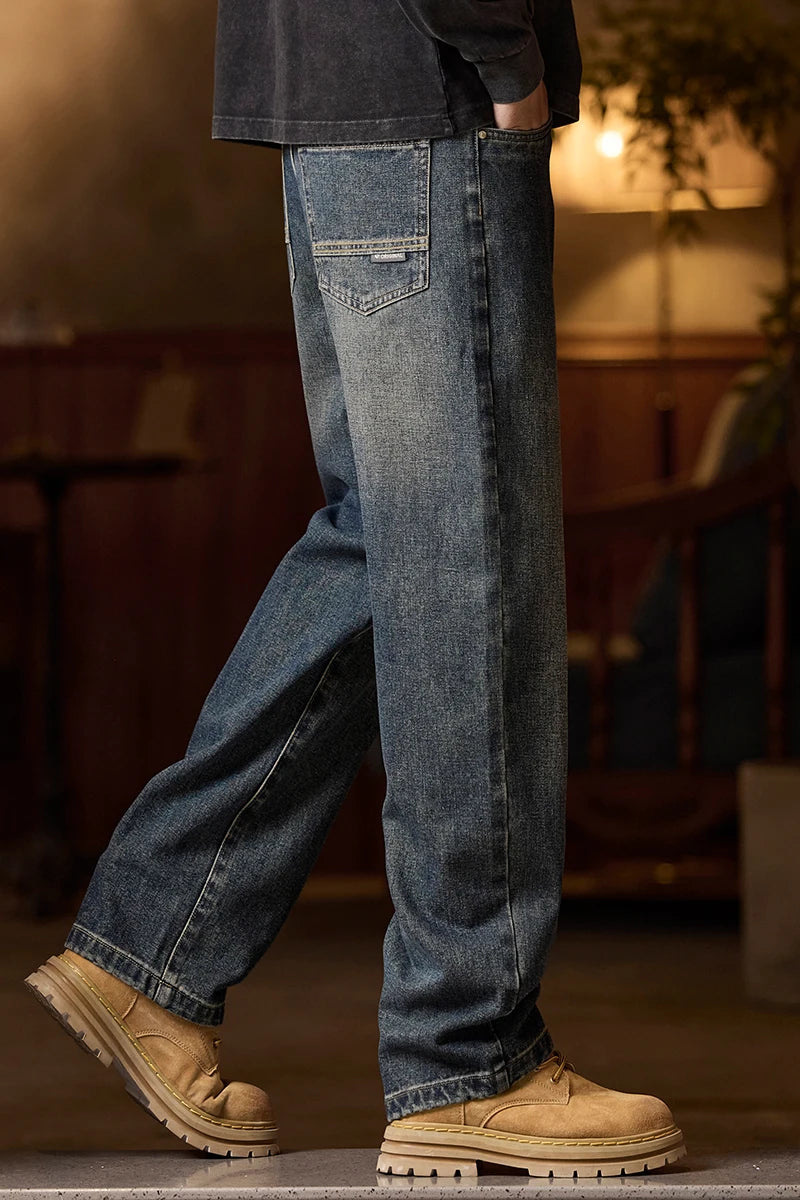 Mens Blue Elastic Waist Jeans Relaxed Fit With Zipper Button
