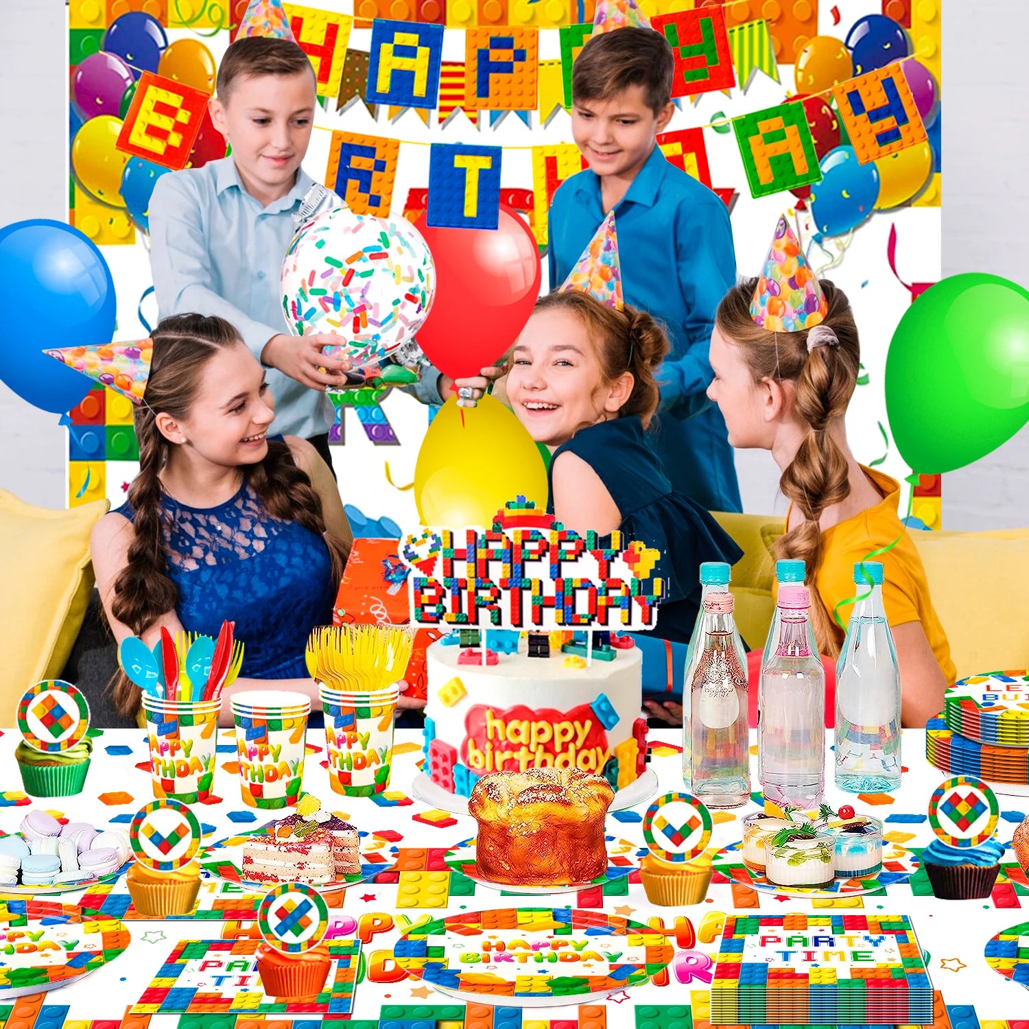 Building Blocks Birthday Party Supplies,114pcs Party Decorations&Building Blocks Tableware Set-Party Plates Napkins Backdrop etc - trendingshoping.com