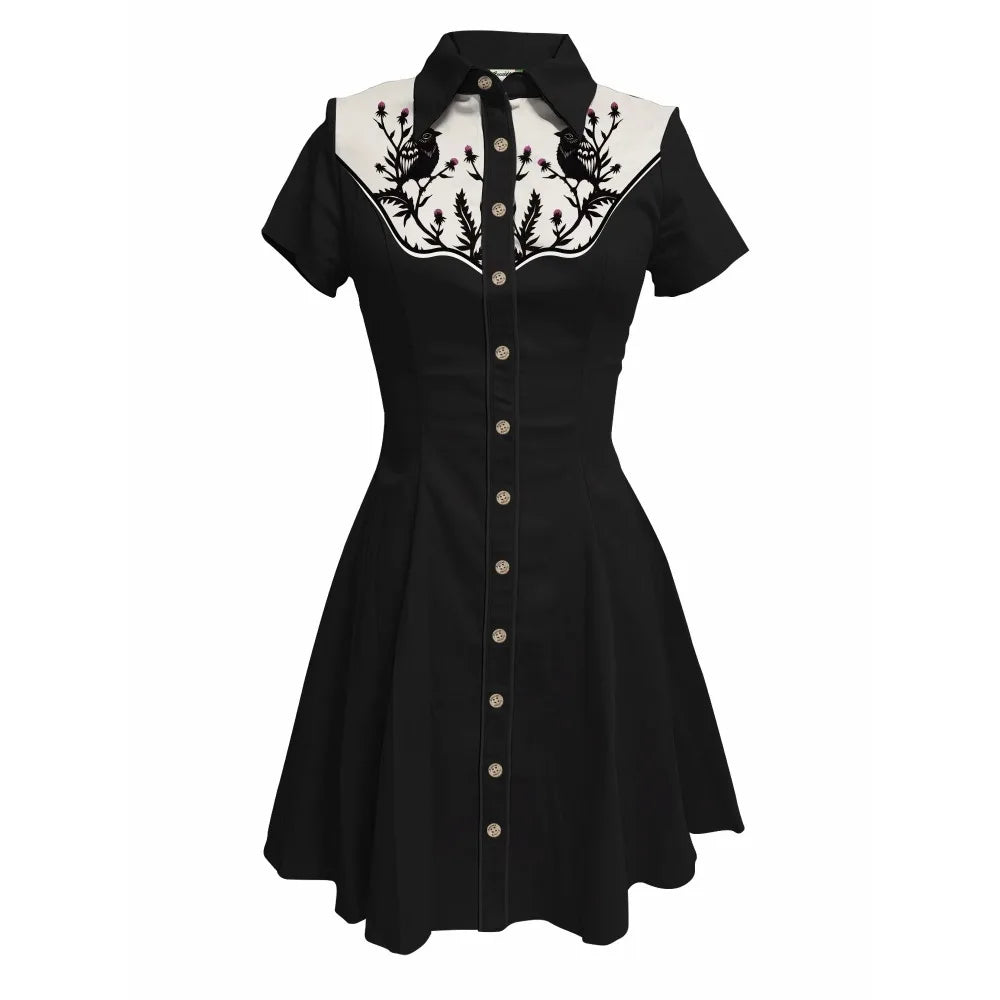 Western Vintage Flower Printed Western Cowboy Dress Women Button-down Dress Short Sleeves 100% Cotton Dress Summer Streetwear