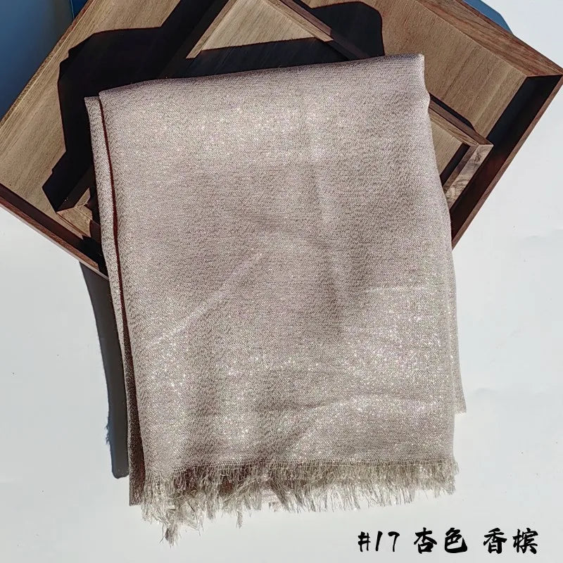 Lastest Brand Design Scarf Shiny Solid Color Shawls Rayon Fabric Gold Silk Silver Wire Head Shawl Fringe Hijab For Women