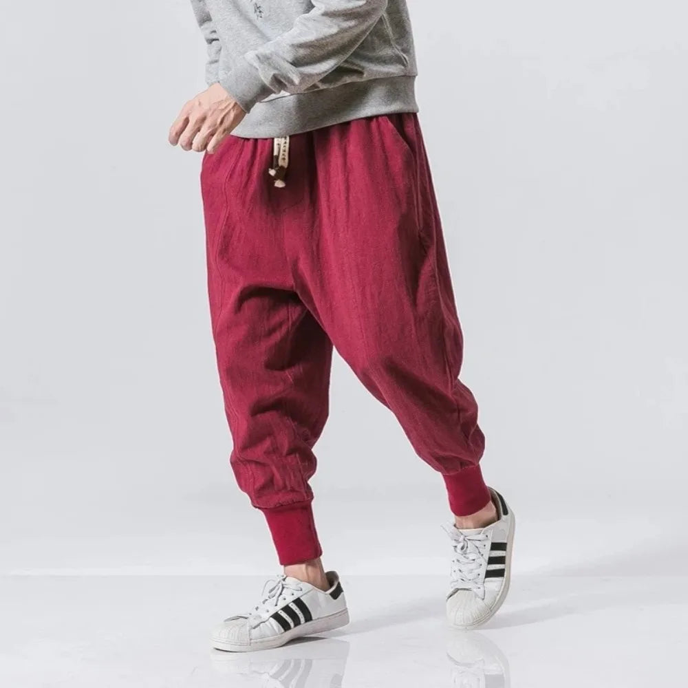Men’s Cotton Linen Harem Pants - Baggy Drop-Crotch Streetwear Joggers