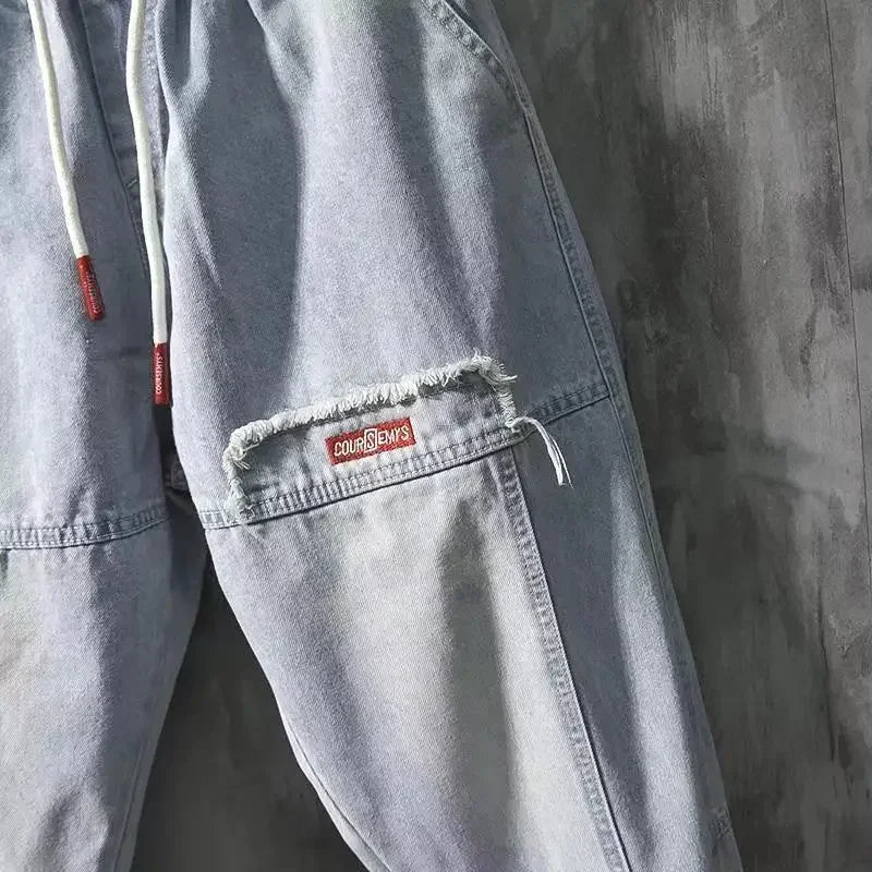 Mens Black Elastic Waist Baggy Harem Jogger Jeans Ankle Band Cargo Pants