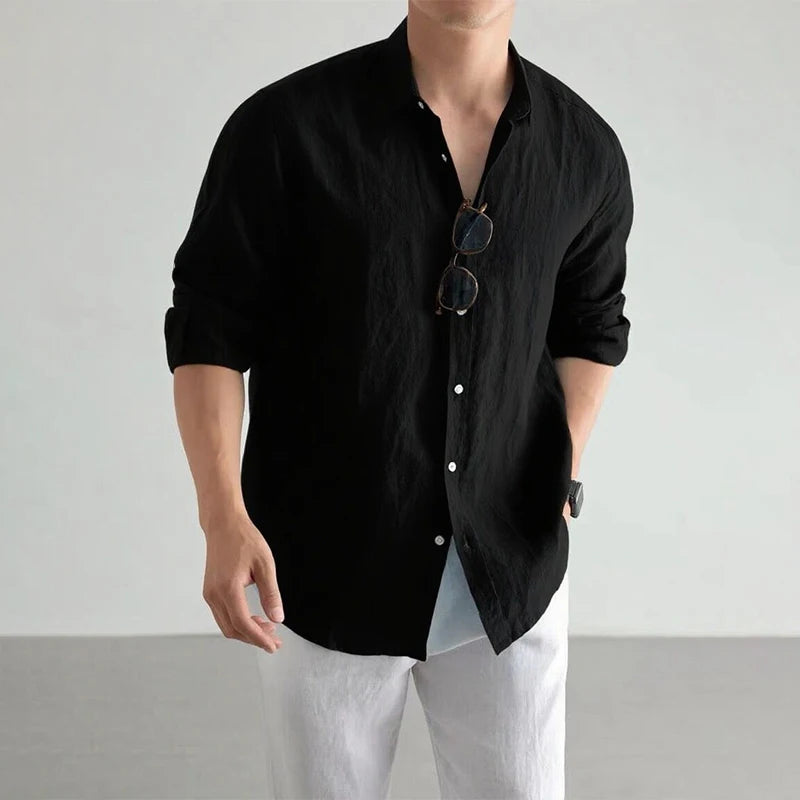 Men's Casual Long Sleeve Linen Cotton Shirt – Black/White Classic Baggy Top, Plus Size Fashion Clothing