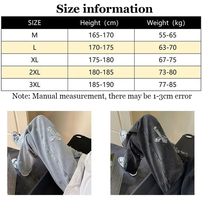 Mens Straight Loose Denim Jeans Cross Embroidery Black Blue Casual Pants