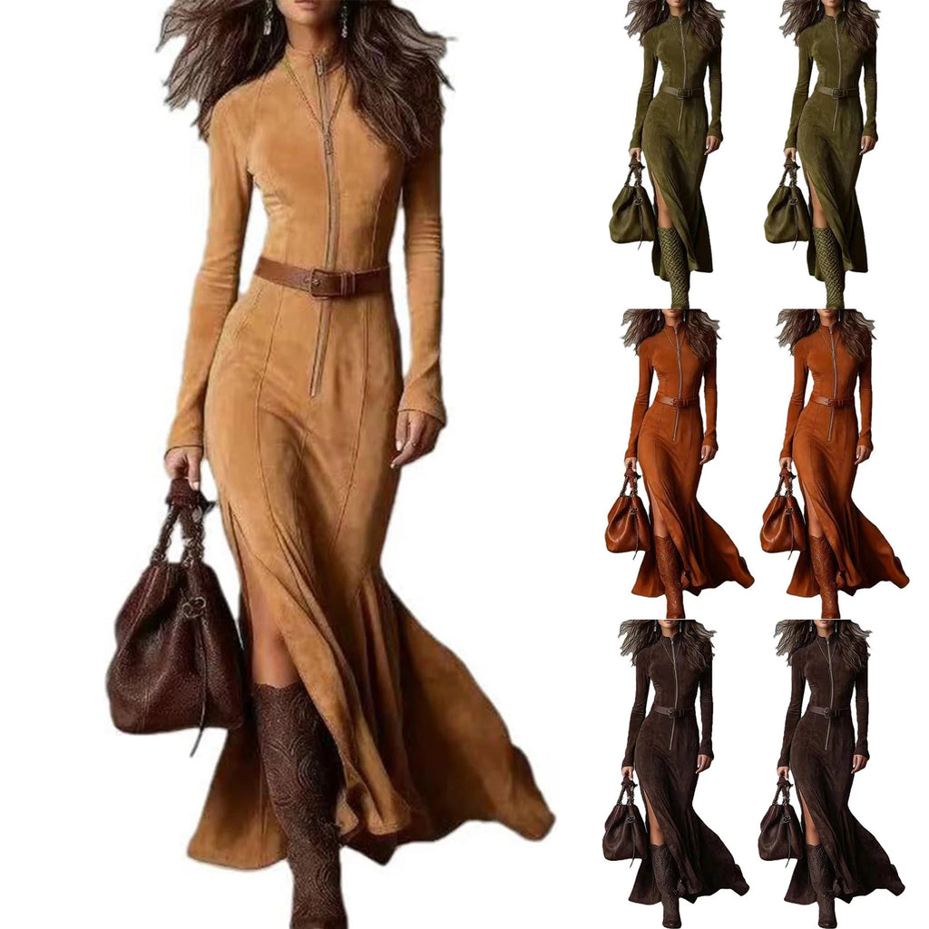 Women's Ruched Wrap Maxi Shirt Dress - Long Sleeve High Slit Ruffle Hem