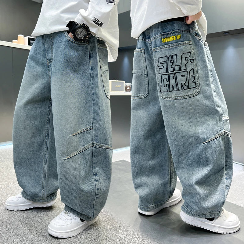 Kids Straight Wide Leg Workwear Jeans Casual Pants