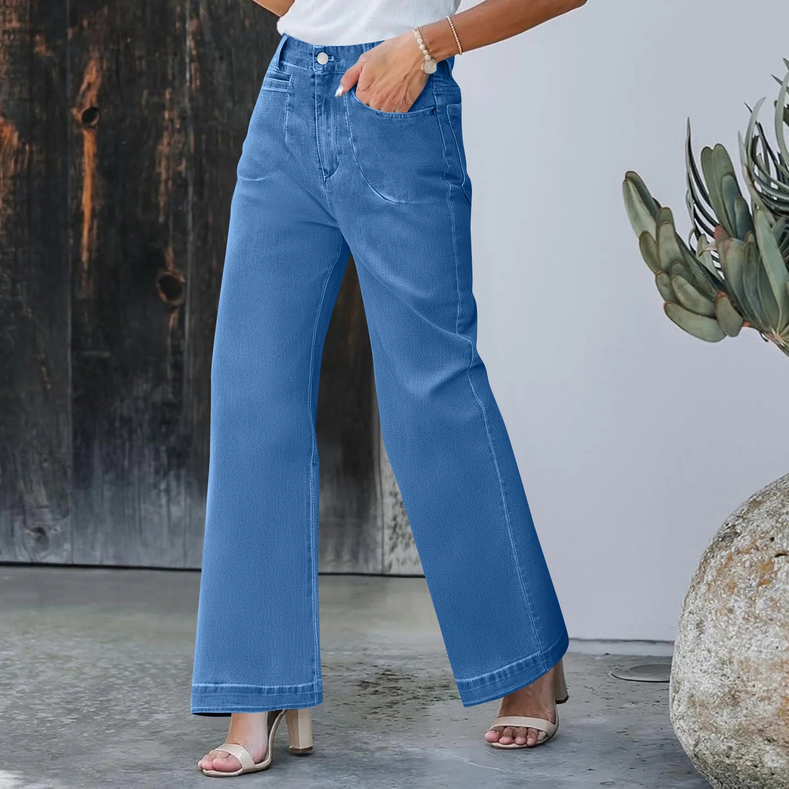 Womens High Waist Spring Wide Leg Straight Jeans Retro Style