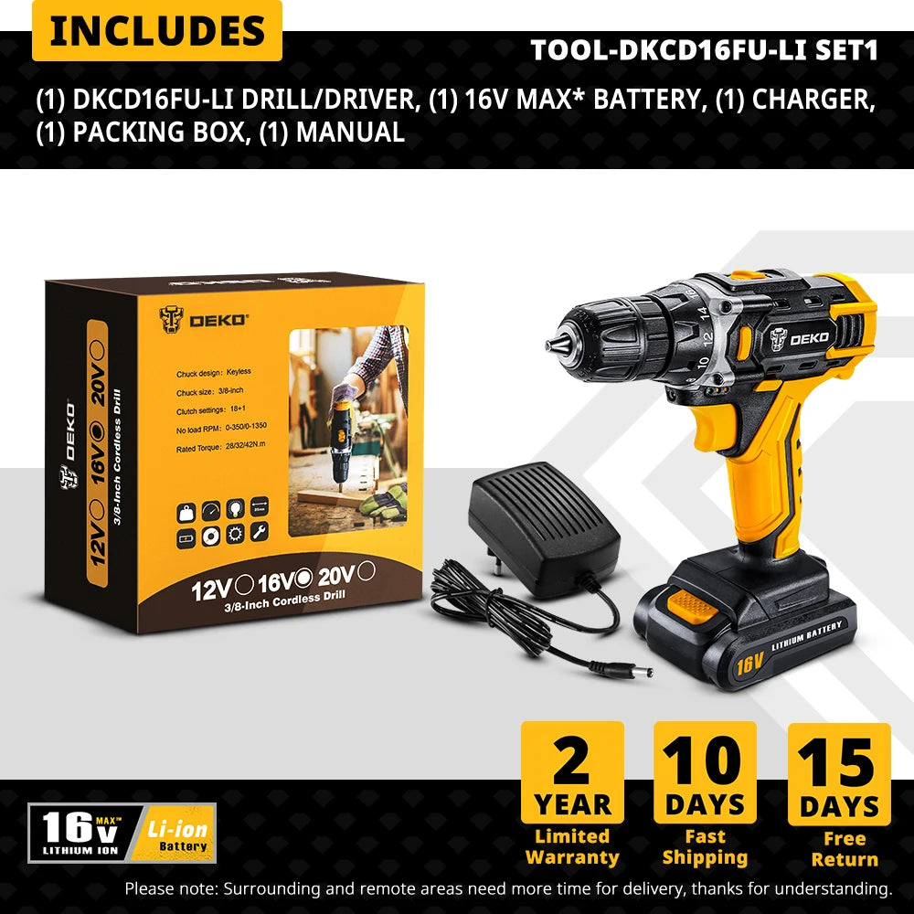 DEKO Cordless Drill 2 Speed Electric Screwdriver with Lithium Battery
