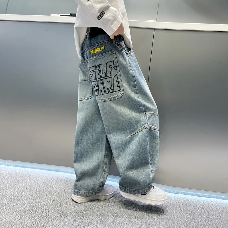 Kids Straight Wide Leg Workwear Jeans Casual Pants